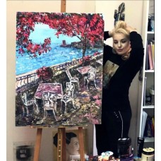 Positano, Acrylic painting on canvas, original, artist Marina Stognieva. Cozy cafe overlooking the sea, original painting Positano, Acrylic painting on canvas, original, artist Marina Stognieva. Cozy cafe overlooking the sea, original painting